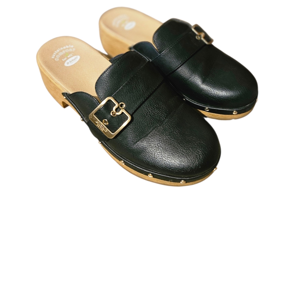 Dr Scholls Shoes Womens 10m Mule Clogs Black Faux Leather Wooden Studded Buckle